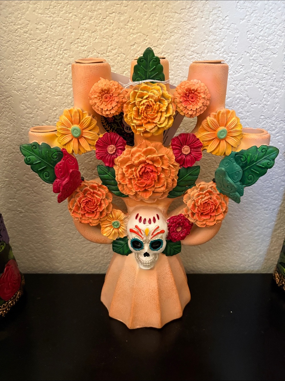 Handcrafted Orange Floral Day of the Dead Candle Holder